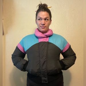 Vintage 80s 90s Obermeyer Down Insulated Cropped Zip Colorblock Ski Jacket  12